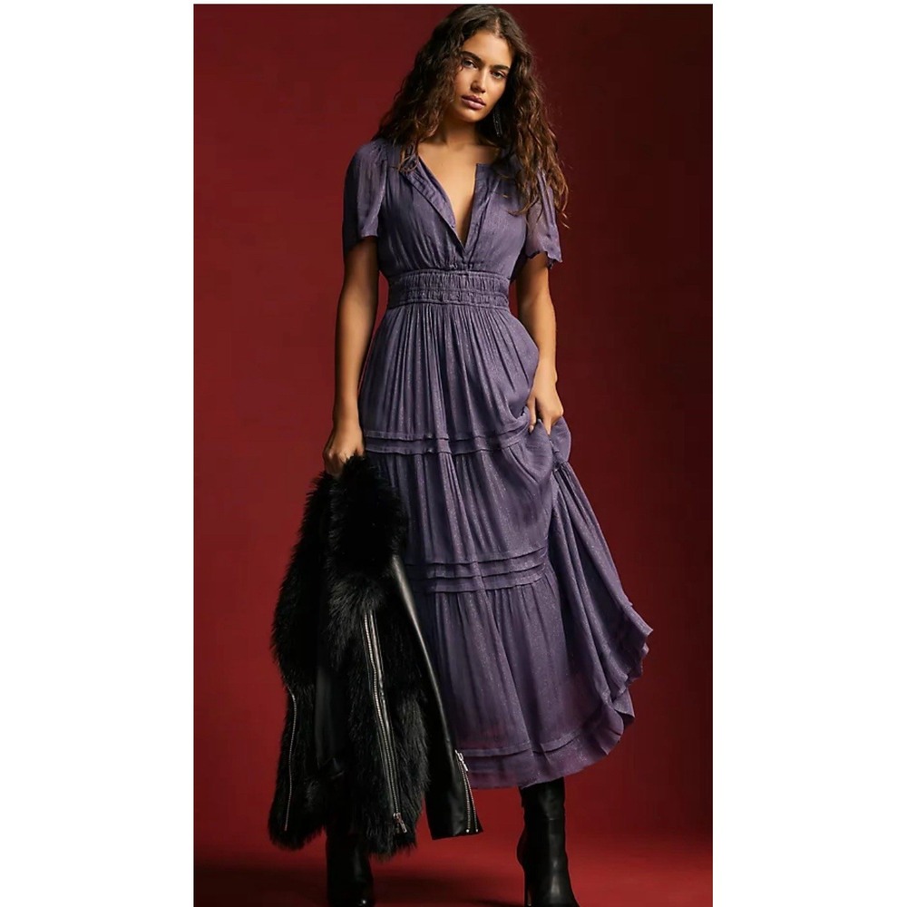 Anthropologie The Somerset Maxi Dress Lurex Edition Metallic Marin Navy Sz-SM - Picture 1 of 12